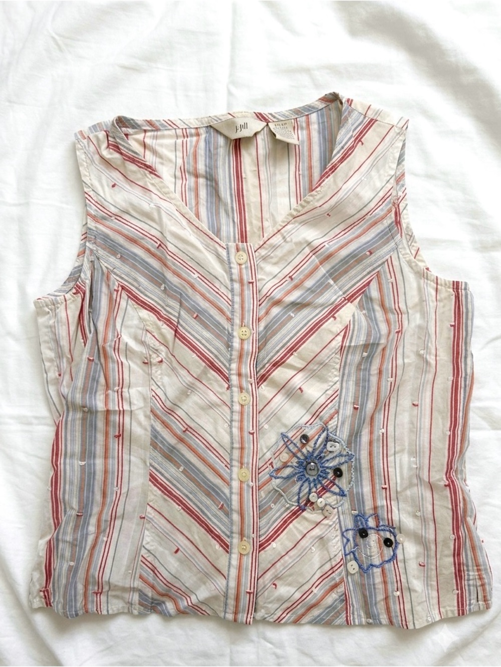 J. Jill Floral Embroidered Striped Button Down Tank Top with Sequins